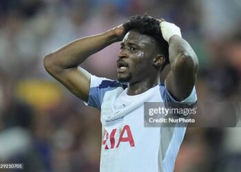 Mohammed Kudus of Tottenham Hotspur FC looks dejected during the UEFA Super Cup Final 2025 match between Paris Saint-Germain FC and Tottenham Hotspur FC at Bluenergy Stadium  on August 13, 2025 in Udine, Italy. (Photo by Giuseppe Maffia/NurPhoto via Getty Images)