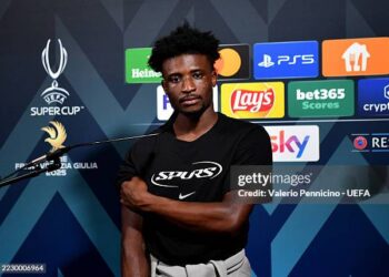UDINE, ITALY - AUGUST 13: Mohammed Kudus of Tottenham Hotspur FC speaks to the media in the flash interview following the UEFA Super Cup 2025 match between Paris Saint-Germain and Tottenham Hotspur at Stadio Friuli on August 13, 2025 in Udine, Italy. (Photo by Valerio Pennicino - UEFA/UEFA via Getty Images)