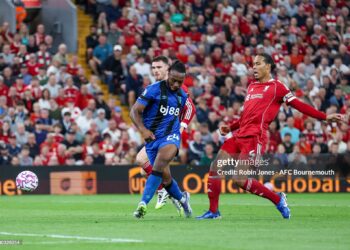 LIVERPOOL, ENGLAND - AUGUST 15: Antoine Semenyo of Bournemouth scores a goal to make it 2-1 during the Premier League match between Liverpool and Bournemouth at Anfield on August 15, 2025 in Liverpool, England. (Photo by Robin Jones - AFC Bournemouth/AFC Bournemouth via Getty Images)