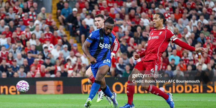 LIVERPOOL, ENGLAND - AUGUST 15: Antoine Semenyo of Bournemouth scores a goal to make it 2-1 during the Premier League match between Liverpool and Bournemouth at Anfield on August 15, 2025 in Liverpool, England. (Photo by Robin Jones - AFC Bournemouth/AFC Bournemouth via Getty Images)
