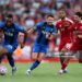 LIVERPOOL, ENGLAND - AUGUST 15: Antoine Semenyo of AFC Bournemouth breaks away from Dominik Szoboszlai of Liverpool during the Premier League match between Liverpool and Bournemouth at Anfield on August 15, 2025 in Liverpool, England. (Photo by Michael Steele/Getty Images)