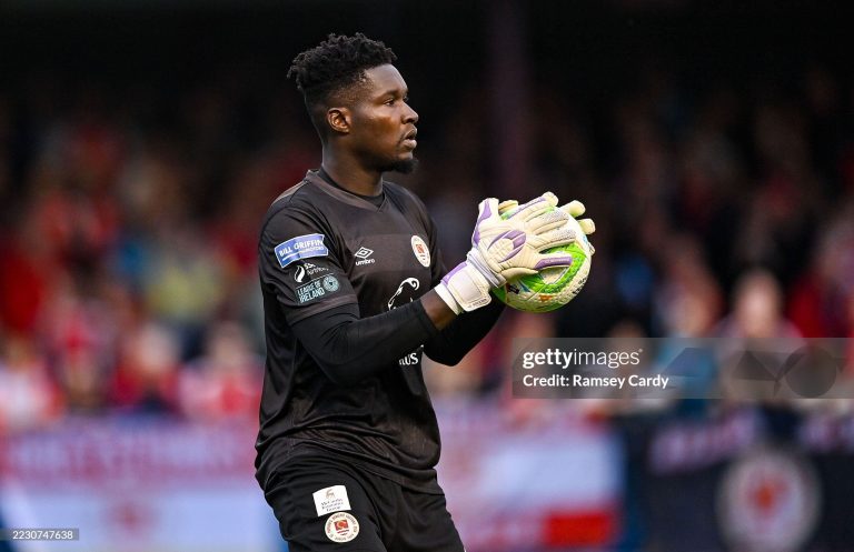 Louth , Ireland - 22 August 2025; St Patrick's Athletic goalkeeper Joseph Anang during the SSE Airtricity Men's Premier Division match between Drogheda United and St Patrick's Athletic at Sullivan & Lambe Park in Drogheda, Louth. (Photo By Ramsey Cardy/Sportsfile via Getty Images)