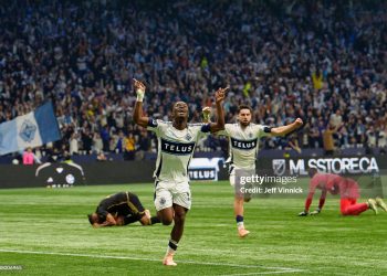 VANCOUVER, BRITISH COLUMBIA - NOVEMBER 22: Emmanuel Sabbi #11 of Vancouver Whitecaps FC celebrates scoring his team's first goal during the conference semifinal between Vancouver Whitecaps FC and Los Angeles Football Club at BC Place as part of the 2025 MLS Cup Playoffs on November 22, 2025 in Vancouver, British Columbia. (Photo by Jeff Vinnick/Getty Images)
