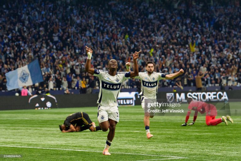 VANCOUVER, BRITISH COLUMBIA - NOVEMBER 22: Emmanuel Sabbi #11 of Vancouver Whitecaps FC celebrates scoring his team's first goal during the conference semifinal between Vancouver Whitecaps FC and Los Angeles Football Club at BC Place as part of the 2025 MLS Cup Playoffs on November 22, 2025 in Vancouver, British Columbia. (Photo by Jeff Vinnick/Getty Images)