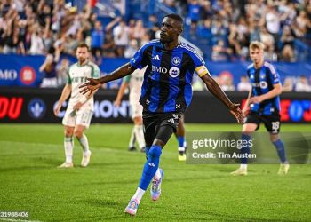 MONTREAL, CANADA - AUGUST 23: Prince Osei Owusu #9 of CF Montreal celebrates his goal against Austin FC during the second half at Saputo Stadium on August 23, 2025 in Montreal, Canada. (Photo by Tim Austen/Getty Images)
