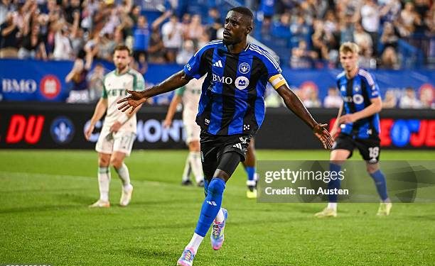 MONTREAL, CANADA - AUGUST 23: Prince Osei Owusu #9 of CF Montreal celebrates his goal against Austin FC during the second half at Saputo Stadium on August 23, 2025 in Montreal, Canada. (Photo by Tim Austen/Getty Images)