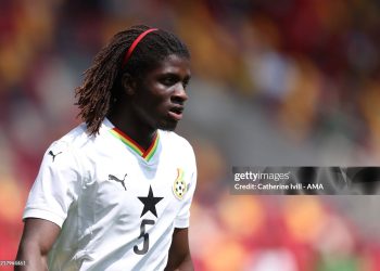 BRENTFORD, ENGLAND - MAY 31: Caleb Yirenkyi of Ghana during The Unity Cup 3rd/4th Play Off match between Ghana and Trinidad and Tobago at Gtech Community Stadium on May 31, 2025 in Brentford, England. (Photo by Catherine Ivill - AMA/Getty Images)
