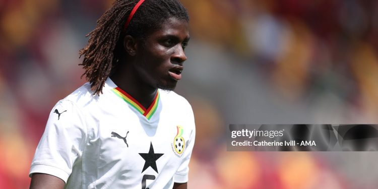 BRENTFORD, ENGLAND - MAY 31: Caleb Yirenkyi of Ghana during The Unity Cup 3rd/4th Play Off match between Ghana and Trinidad and Tobago at Gtech Community Stadium on May 31, 2025 in Brentford, England. (Photo by Catherine Ivill - AMA/Getty Images)