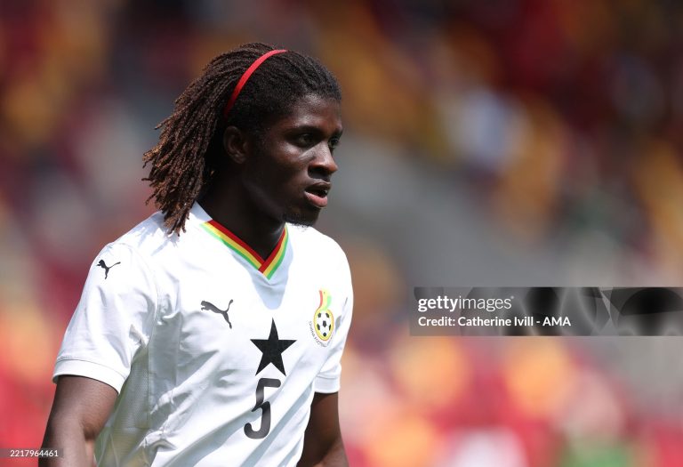 BRENTFORD, ENGLAND - MAY 31: Caleb Yirenkyi of Ghana during The Unity Cup 3rd/4th Play Off match between Ghana and Trinidad and Tobago at Gtech Community Stadium on May 31, 2025 in Brentford, England. (Photo by Catherine Ivill - AMA/Getty Images)