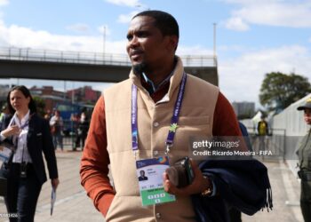 BOGOTA, COLOMBIA - SEPTEMBER 06: Samuel Etoo of Cameroon delegation arrives prior to the  FIFA U-20 Women's World Cup Colombia 2024 match between Australia and Cameroon at Estadio El Campin on September 06, 2024 in Bogota, Colombia.  (Photo by Ricardo Moreira - FIFA/FIFA via Getty Images)