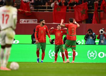 Brahim Diaz of Morocco celebrates goal with teammates during the 2025 Africa Cup of Nations AFCON match between Morocco and Mali at the Prince Moulay Abdellah Stadium in Rabat, Morocco on 26 December 2025 ©Nabil Ramdani/BackpagePix