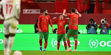 Brahim Diaz of Morocco celebrates goal with teammates during the 2025 Africa Cup of Nations AFCON match between Morocco and Mali at the Prince Moulay Abdellah Stadium in Rabat, Morocco on 26 December 2025 ©Nabil Ramdani/BackpagePix