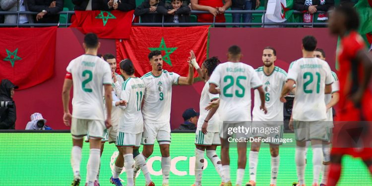 Rabat, Morocco - December 24: Algeria's Baghdad Bounedjah celebrates with team mates scoring the 3-0 during the Africa Cup Of Nations Group E match between Algeria and Sudan at Moulay Hassan Stadium on December 24, 2025 in Rabat, Morocco. (Photo by Torbjorn Tande/DeFodi Images/DeFodi via Getty Images)