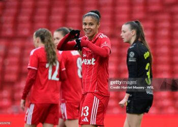 NOTTINGHAM, ENGLAND - DECEMBER 07: Chantelle Boye-Hlorkah of Nottingham Forest celebrates scoring her team's first goal during the Barclays Women's Super League 2 match between Nottingham Forest and Sunderland at City Ground on December 07, 2025 in Nottingham, England. (Photo by Harriet Massey - WSL/WSL Football via Getty Images)
