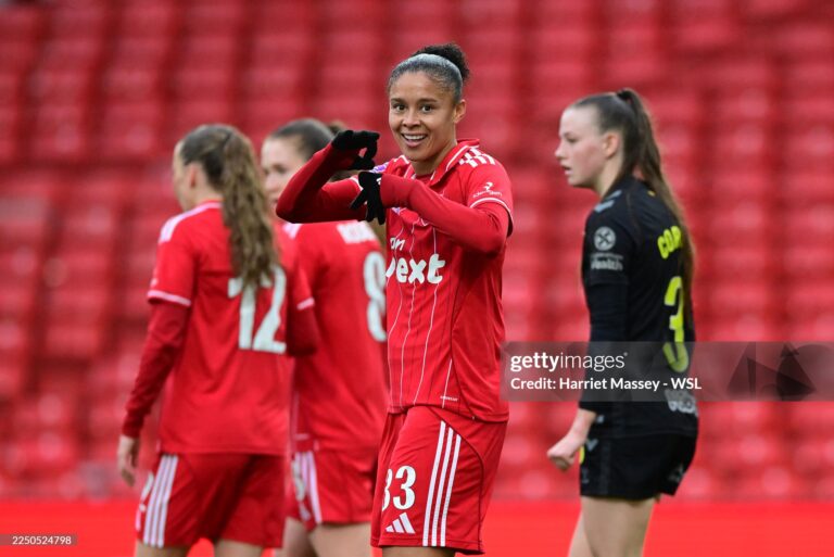 NOTTINGHAM, ENGLAND - DECEMBER 07: Chantelle Boye-Hlorkah of Nottingham Forest celebrates scoring her team's first goal during the Barclays Women's Super League 2 match between Nottingham Forest and Sunderland at City Ground on December 07, 2025 in Nottingham, England. (Photo by Harriet Massey - WSL/WSL Football via Getty Images)