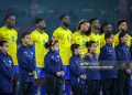 Gabon national team players during the national anthem before the match between Cameroon vs Gabon in the African Cup of Nations 2025 - Group F at Grand Stade D'Agadir , Agadir, Morocco (Photo by Mohamed Tageldin / Middle East Images / AFP via Getty Images)