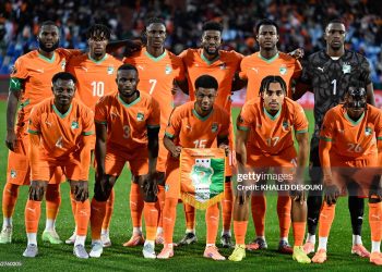 The Ivory Coast team line up ahead of the Africa Cup of Nations (CAN) Group F football match between Ivory Coast and Mozambique at Marrakesh Stadium in Marrakesh on December 24, 2025. (Photo by Khaled DESOUKI / AFP via Getty Images)