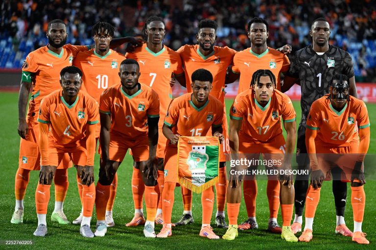 The Ivory Coast team line up ahead of the Africa Cup of Nations (CAN) Group F football match between Ivory Coast and Mozambique at Marrakesh Stadium in Marrakesh on December 24, 2025. (Photo by Khaled DESOUKI / AFP via Getty Images)