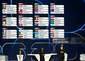A picture shows groups A, B, C, D, E, F, G, H, I, J, K and L during the draw for the 2026 FIFA Football World Cup taking place in the US, Canada and Mexico, at the Kennedy Center, in Washington, DC, on December 5, 2025. (Photo by Jim WATSON / AFP via Getty Images)