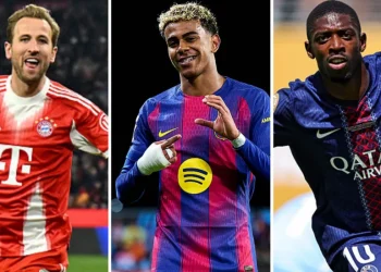 AFP via Getty Images Image caption, From left, Harry Kane, Lamine Yamal and Ousmane Dembele