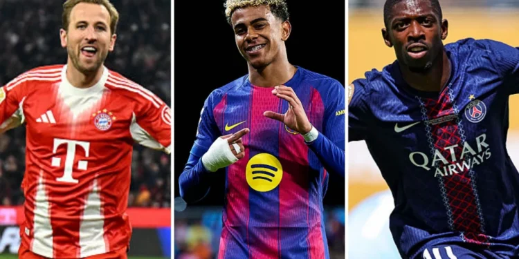 AFP via Getty Images Image caption, From left, Harry Kane, Lamine Yamal and Ousmane Dembele