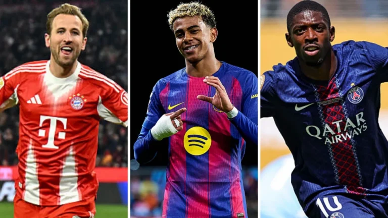 AFP via Getty Images Image caption, From left, Harry Kane, Lamine Yamal and Ousmane Dembele