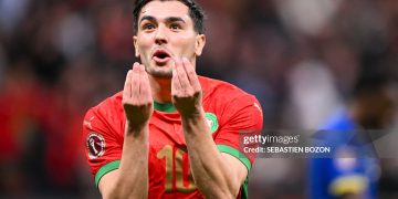 TOPSHOT - Morocco's forward #10 Brahim Diaz celebrates scoring his team's first goal during the Africa Cup of Nations (CAN) round of 16 football match between Morocco and Tanzania at Prince Moulay Abdallah Stadium in Rabat on January 4, 2026. (Photo by SEBASTIEN BOZON / AFP via Getty Images)