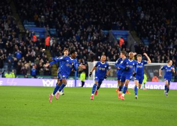 LEICESTER, ENGLAND - DECEMBER 13: Abdul Fatawu of Leicester City celebrates scoring the second goal for Leicester City with team mates during the Sky Bet Championship match between Leicester City and Ipswich Town at King Power Stadium on December 13, 2025 in Leicester, United Kingdom. (Photo by Plumb Images/Leicester City FC via Getty Images)