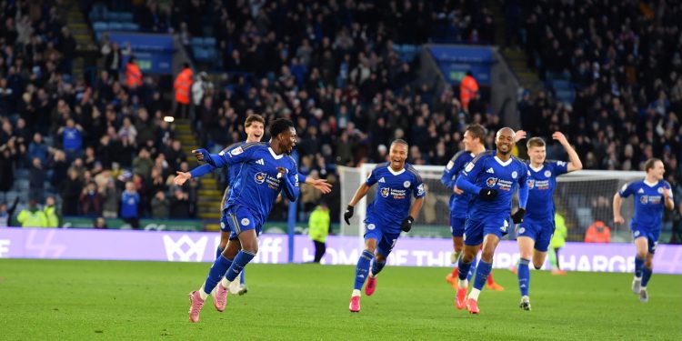 LEICESTER, ENGLAND - DECEMBER 13: Abdul Fatawu of Leicester City celebrates scoring the second goal for Leicester City with team mates during the Sky Bet Championship match between Leicester City and Ipswich Town at King Power Stadium on December 13, 2025 in Leicester, United Kingdom. (Photo by Plumb Images/Leicester City FC via Getty Images)