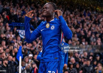 LONDON, UNITED KINGDOM - OCTOBER 22: Tyrique George of Chelsea FC celebrates after scoring the team's fifth goal during the UEFA Champions League 2025/26 League Phase MD3 match between Chelsea FC and AFC Ajax at Stamford Bridge on October 22, 2025 in London, England. (Photo by Joris Verwijst/BSR Agency/Getty Images)