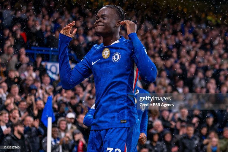 LONDON, UNITED KINGDOM - OCTOBER 22: Tyrique George of Chelsea FC celebrates after scoring the team's fifth goal during the UEFA Champions League 2025/26 League Phase MD3 match between Chelsea FC and AFC Ajax at Stamford Bridge on October 22, 2025 in London, England. (Photo by Joris Verwijst/BSR Agency/Getty Images)