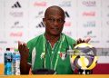DOHA, QATAR - DECEMBER 06: James Kwesi Appiah, Head Coach of Sudan, speaks to the media in a post match press conference after the FIFA Arab Cup 2025 Group D match between Sudan and Iraq at Stadium 974 on December 06, 2025 in Doha, Qatar.  (Photo by Tullio Puglia - FIFA/FIFA via Getty Images)