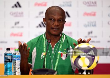 DOHA, QATAR - DECEMBER 06: James Kwesi Appiah, Head Coach of Sudan, speaks to the media in a post match press conference after the FIFA Arab Cup 2025 Group D match between Sudan and Iraq at Stadium 974 on December 06, 2025 in Doha, Qatar.  (Photo by Tullio Puglia - FIFA/FIFA via Getty Images)