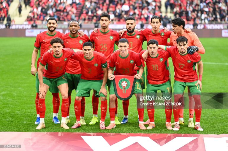 The Morocco team poses for a group photo ahead of the match between Morocco and Tanzania at Prince Moulay Abdellah Stadium in Rabat on January 4 2025. The match is played as part of the group stage qualifiers of the Africa Cup of Nations hosted by Morocco. (Photo by Issam Zerrok / Hans Lucas / AFP via Getty Images)