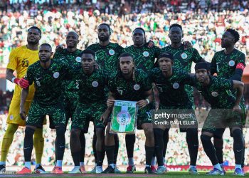Nigeria's team poses before the Africa Cup of Nations (CAN) quarter-final football match between Algeria and Nigeria at the Grand stadium in Marrakesh on January 10, 2026. (Photo by Paul ELLIS / AFP via Getty Images)