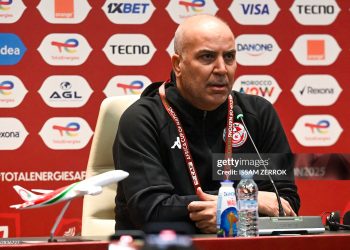Tunisian coach Sami Trabelsi speaking during a press conference at Fes Stadium, in Fes on December 26 2025. The briefing addresses technical aspects and objectives within the framework of the Africa Cup of Nations qualifiers. (Photo by Issam Zerrok / Hans Lucas / AFP via Getty Images)