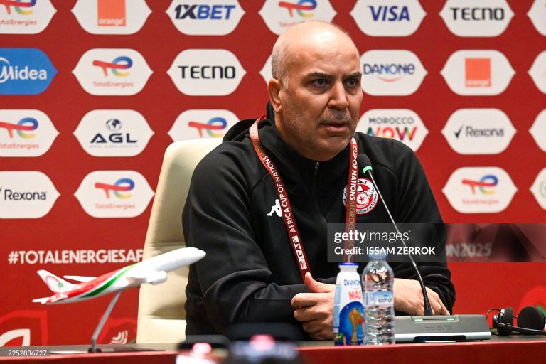 Tunisian coach Sami Trabelsi speaking during a press conference at Fes Stadium, in Fes on December 26 2025. The briefing addresses technical aspects and objectives within the framework of the Africa Cup of Nations qualifiers. (Photo by Issam Zerrok / Hans Lucas / AFP via Getty Images)