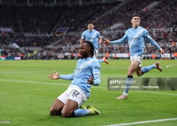 NEWCASTLE UPON TYNE, ENGLAND - JANUARY 13: Antoine Semenyo of Manchester City celebrates after scoring their side's first goal during the Carabao Cup Semi Final First Leg match between Newcastle United and Manchester City at St James' Park on January 13, 2026 in Newcastle upon Tyne, England. (Photo by Alex Livesey - Danehouse/Getty Images)
