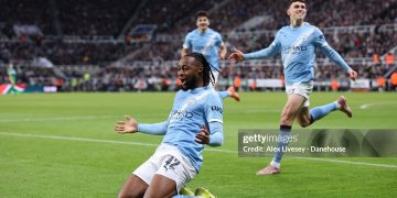 NEWCASTLE UPON TYNE, ENGLAND - JANUARY 13: Antoine Semenyo of Manchester City celebrates after scoring their side's first goal during the Carabao Cup Semi Final First Leg match between Newcastle United and Manchester City at St James' Park on January 13, 2026 in Newcastle upon Tyne, England. (Photo by Alex Livesey - Danehouse/Getty Images)