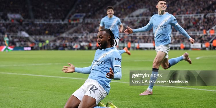 NEWCASTLE UPON TYNE, ENGLAND - JANUARY 13: Antoine Semenyo of Manchester City celebrates after scoring their side's first goal during the Carabao Cup Semi Final First Leg match between Newcastle United and Manchester City at St James' Park on January 13, 2026 in Newcastle upon Tyne, England. (Photo by Alex Livesey - Danehouse/Getty Images)