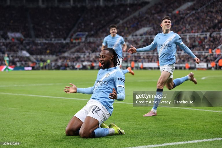 NEWCASTLE UPON TYNE, ENGLAND - JANUARY 13: Antoine Semenyo of Manchester City celebrates after scoring their side's first goal during the Carabao Cup Semi Final First Leg match between Newcastle United and Manchester City at St James' Park on January 13, 2026 in Newcastle upon Tyne, England. (Photo by Alex Livesey - Danehouse/Getty Images)