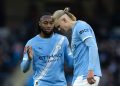 MANCHESTER, ENGLAND - JANUARY 10: Antoine Semenyo of Manchester City speaks to team mate Erling Haaland during the Emirates FA Cup Third Round match between Manchester City and Exeter City on January 10, 2026 in Manchester, England. (Photo by Joe Prior/Visionhaus via Getty Images)