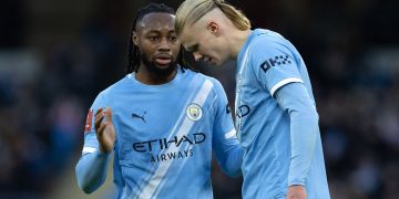MANCHESTER, ENGLAND - JANUARY 10: Antoine Semenyo of Manchester City speaks to team mate Erling Haaland during the Emirates FA Cup Third Round match between Manchester City and Exeter City on January 10, 2026 in Manchester, England. (Photo by Joe Prior/Visionhaus via Getty Images)