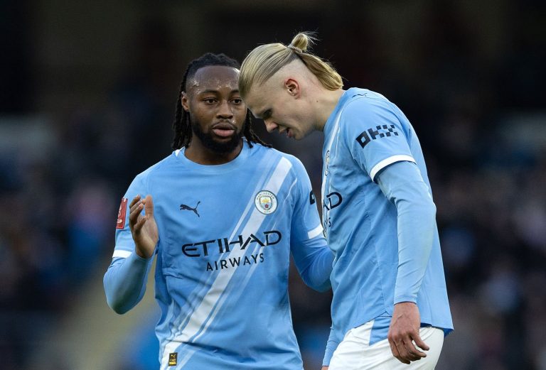 MANCHESTER, ENGLAND - JANUARY 10: Antoine Semenyo of Manchester City speaks to team mate Erling Haaland during the Emirates FA Cup Third Round match between Manchester City and Exeter City on January 10, 2026 in Manchester, England. (Photo by Joe Prior/Visionhaus via Getty Images)