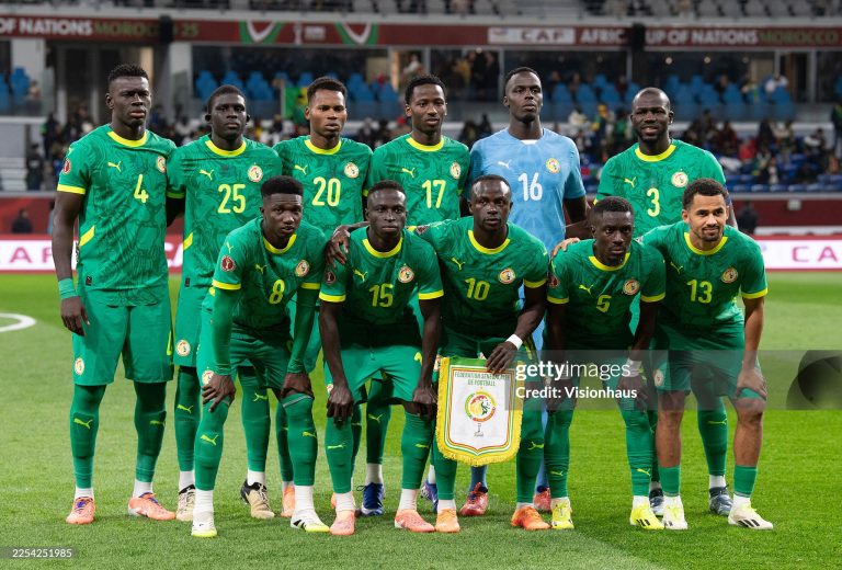 TANGIER, MOROCCO - DECEMBER 30: Senegal players pose for a team photograph prior to the Africa Cup Of Nations Group D match between Benin and Senegal at the Grand Stade de Tanger on December 30, 2025 in Tangier, Morocco. (Photo by Visionhaus/Getty Images)