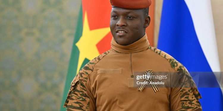 MOSCOW, RUSSIA - MAY 10: (----EDITORIAL USE ONLY - MANDATORY CREDIT - 'STANISLAV KRASILNIKOV / HOST PHOTO AGENCY RIA NOVOSTI / HANDOUT' - NO MARKETING NO ADVERTISING CAMPAIGNS - DISTRIBUTED AS A SERVICE TO CLIENTS----) President of Russia Vladimir Putin meets with President of Burkina Faso Ibrahim Traor during celebrations of the 80th anniversary of Victory in the Great Patriotic War in Moscow, Russia on May 10, 2025. (Photo by Stanislav Krasilnikov / RIA Novosti/Anadolu via Getty Images)