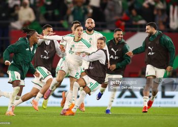 Rabat, Morocco - January 6: Algeria's Adil Boulbina celebrates his goal with team mates during the Africa Cup Of Nations Round Of 16 match between Algeria and DR Congo at Moulay Hassan Stadium on January 6, 2026 in Rabat, Morocco. (Photo by Torbjorn Tande/DeFodi Images/DeFodi via Getty Images)