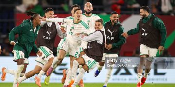 Rabat, Morocco - January 6: Algeria's Adil Boulbina celebrates his goal with team mates during the Africa Cup Of Nations Round Of 16 match between Algeria and DR Congo at Moulay Hassan Stadium on January 6, 2026 in Rabat, Morocco. (Photo by Torbjorn Tande/DeFodi Images/DeFodi via Getty Images)