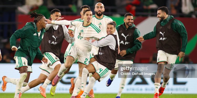 Rabat, Morocco - January 6: Algeria's Adil Boulbina celebrates his goal with team mates during the Africa Cup Of Nations Round Of 16 match between Algeria and DR Congo at Moulay Hassan Stadium on January 6, 2026 in Rabat, Morocco. (Photo by Torbjorn Tande/DeFodi Images/DeFodi via Getty Images)