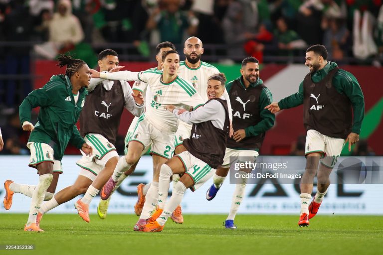 Rabat, Morocco - January 6: Algeria's Adil Boulbina celebrates his goal with team mates during the Africa Cup Of Nations Round Of 16 match between Algeria and DR Congo at Moulay Hassan Stadium on January 6, 2026 in Rabat, Morocco. (Photo by Torbjorn Tande/DeFodi Images/DeFodi via Getty Images)